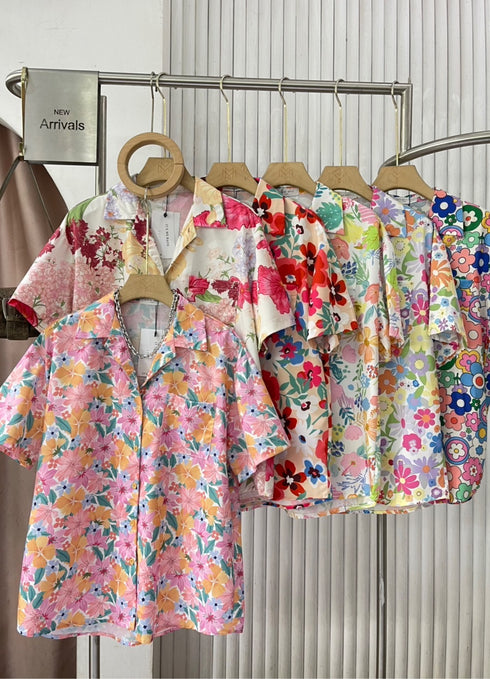Spring Floral Half Sleeves Collar Down Shirts